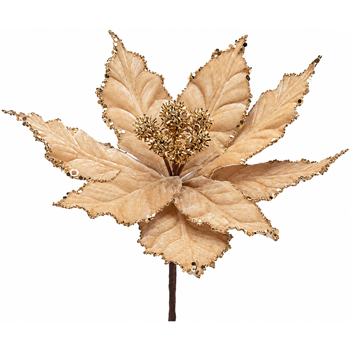 CHRISTMAS DECORATIVE CHAMPAGNE POINSETTIA FLOWER WITH GLITTER STAMENS 26X20CM