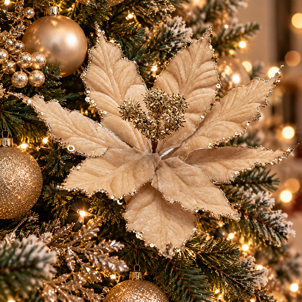 CHRISTMAS DECORATIVE CHAMPAGNE POINSETTIA FLOWER WITH GLITTER STAMENS 26X20CM - Image 2
