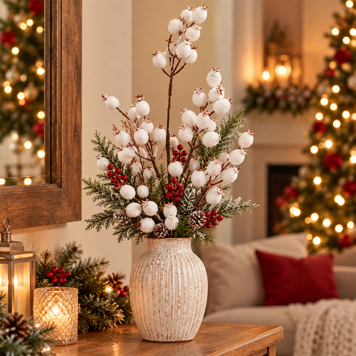 CHRISTMAS DECORATIVE BRANCH WITH WHITE BERRIES 67CM - Image 2