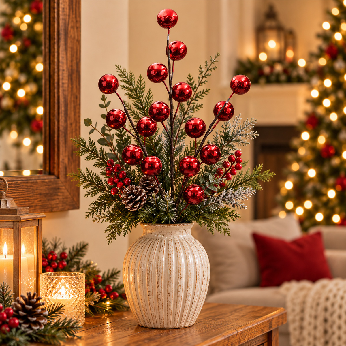 CHRISTMAS DECORATIVE BRANCH WITH RED METALLIC BAUBLES 65CM - Image 2