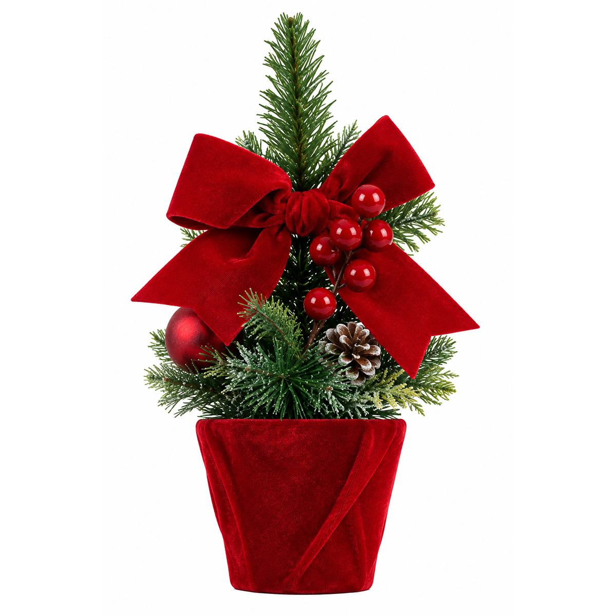 CHRISTMAS DECORATIVE RED VELVET POT WITH DECORATED FIR TREE 24CM
