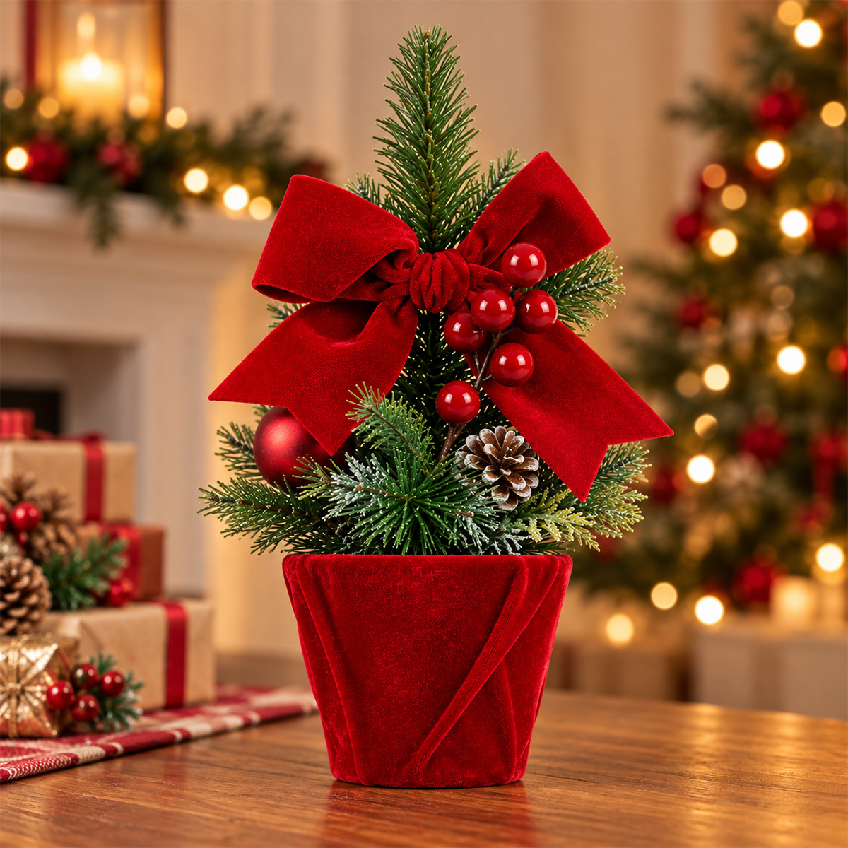 CHRISTMAS DECORATIVE RED VELVET POT WITH DECORATED FIR TREE 24CM - Image 2