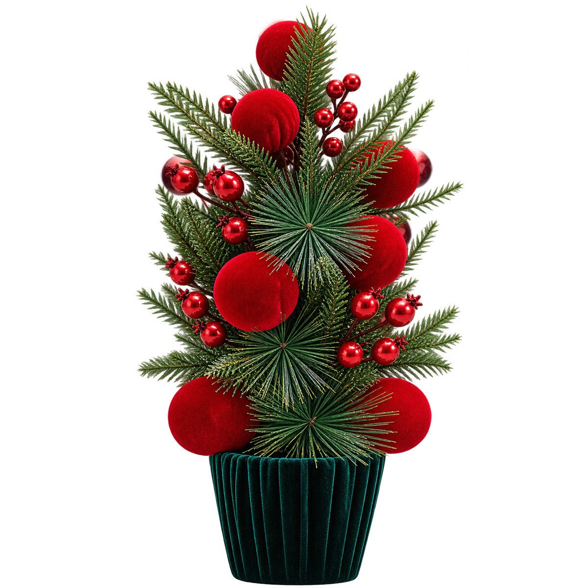 CHRISTMAS DECORATIVE VELVET POT WITH DECORATED FIR TREE AND RED ORNAMENTS 43CM