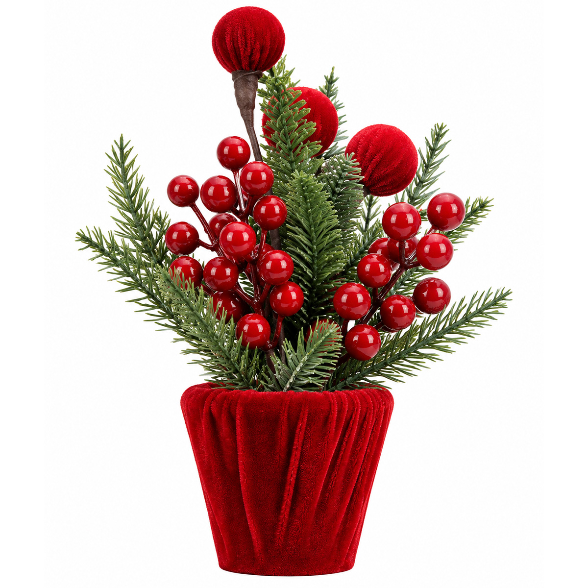 CHRISTMAS DECORATIVE RED VELVET POT WITH DECORATED FIR TREE AND RED BERRIES 23CM