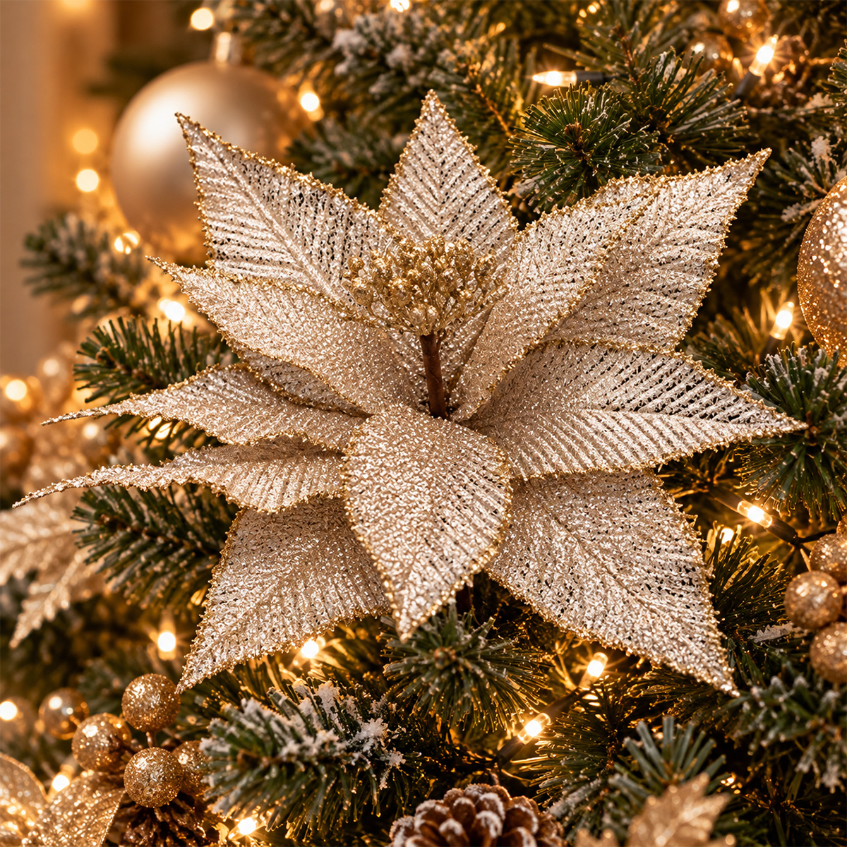 CHRISTMAS DECORATIVE SHIMMERING BEIGE POINSETTIA FLOWER 30X31CM - Image 2