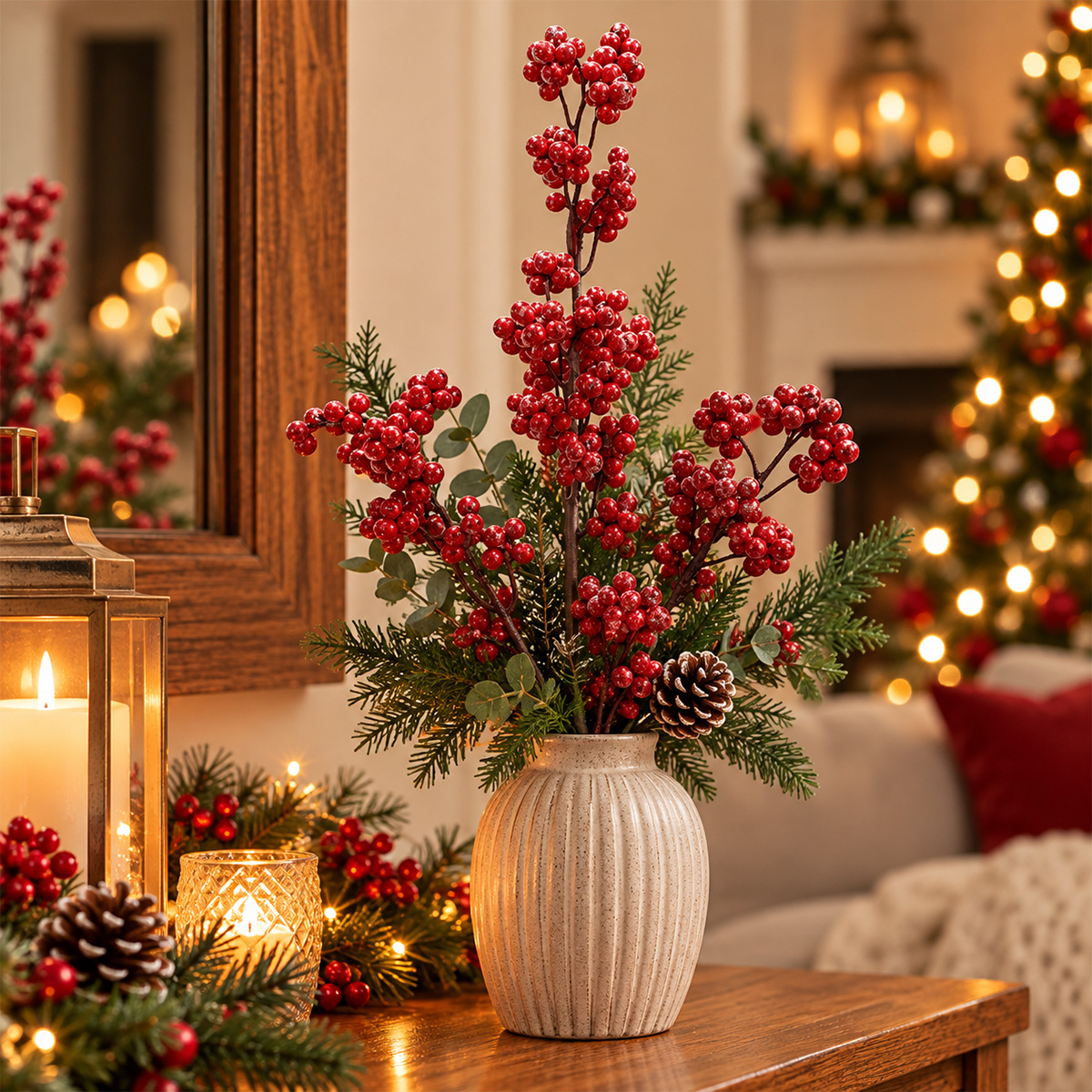 CHRISTMAS DECORATIVE BRANCH WITH SMALL METALLIC RED BERRIES 59CM - Image 2
