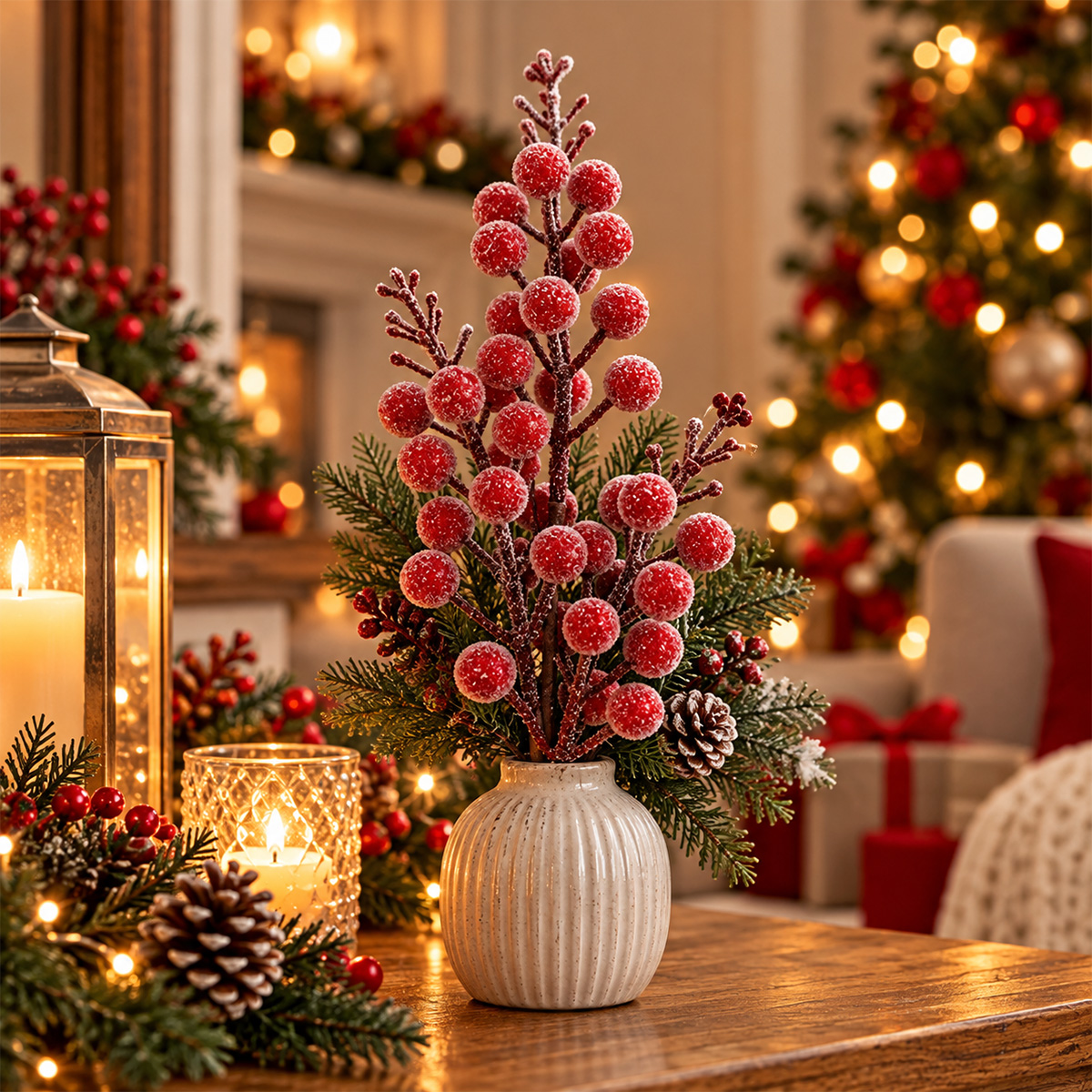 CHRISTMAS DECORATIVE BRANCH WITH FROSTED RED BERRIES 32CM - Image 2