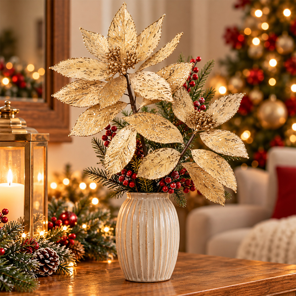 CHRISTMAS DOUBLE DECORATIVE FLOWER BRANCH CARAMEL 69CM - Image 2