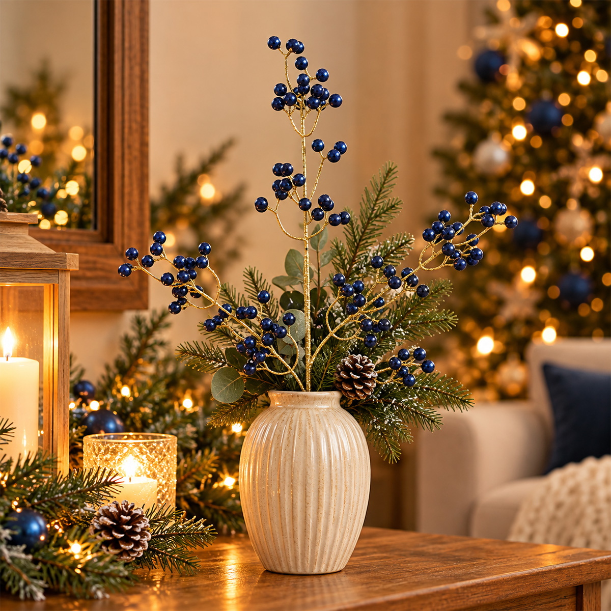 CHRISTMAS DECORATIVE BRANCH WITH DARK BLUE BERRIES 75CM - Image 2