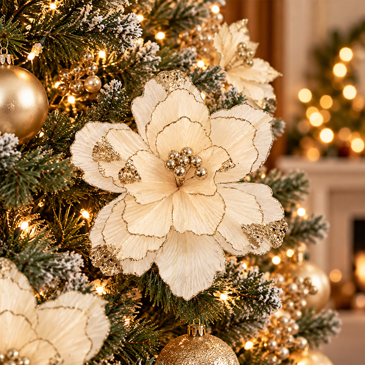 CHRISTMAS DECORATIVE ORGANZA FLOWER CHAMPAGNE WITH PEARLS 26X45CM - Image 2