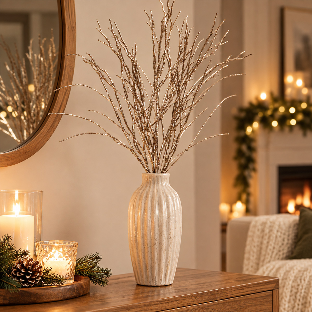 CHRISTMAS DECORATIVE GRASS BRANCH WITH ROSE GOLD GLITTER 85CM - Image 2