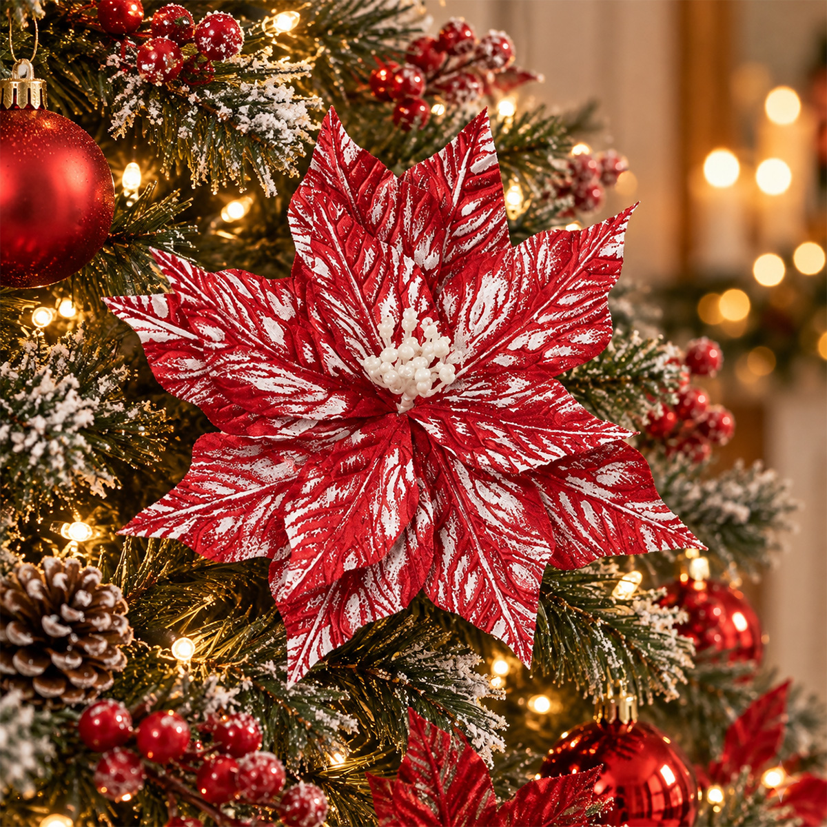 CHRISTMAS DECORATIVE FROSTED CANDY POINSETTIA FLOWER 30X45CM - Image 2