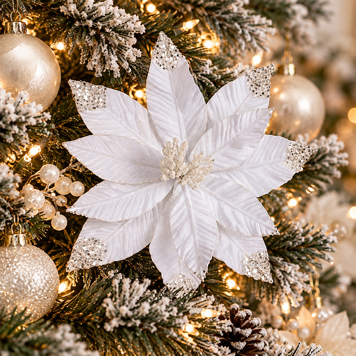CHRISTMAS DECORATIVE WHITE FLOWER WITH PEARL GLITTER 32X45CM - Image 2