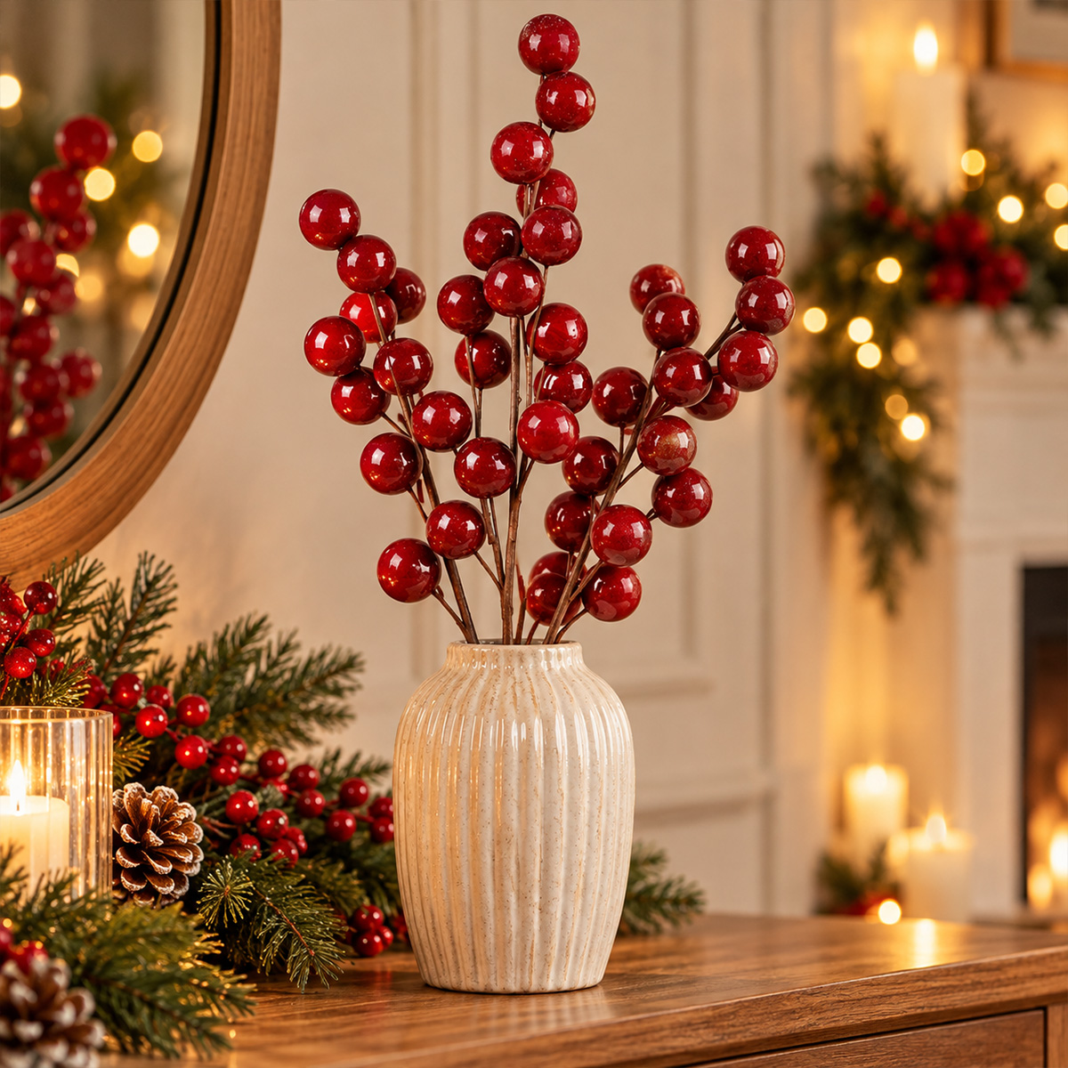 CHRISTMAS DECORATIVE BOUQUET BRANCH WITH MATTE BURGUNDY BERRIES 90CM - Image 2
