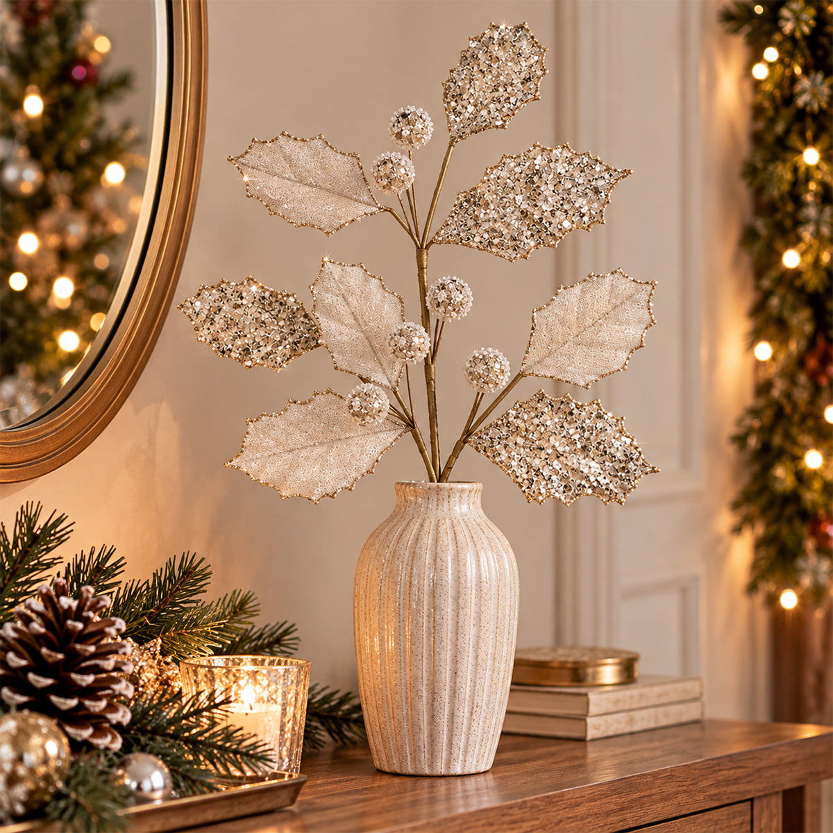 CHRISTMAS DECORATIVE BRANCH WITH CHAMPAGNE VELVET LEAVES 70CM - Image 2